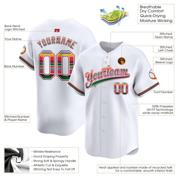 White Mexico Serape Pattern Personalized Baseball Jersey - Image 2