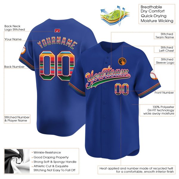 Royal Mexico Serape Pattern Personalized Baseball Jersey - Image 3