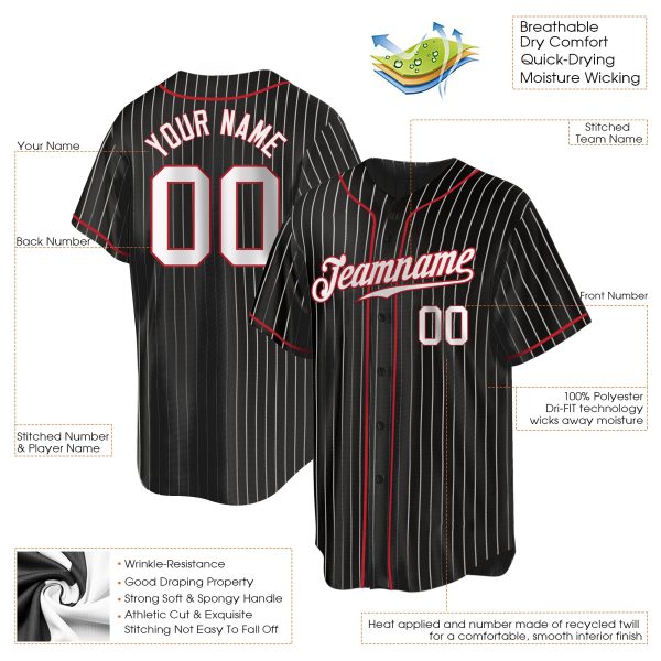 Black White Pinstripe White-Red Authentic Personalized Baseball Jersey - Image 2