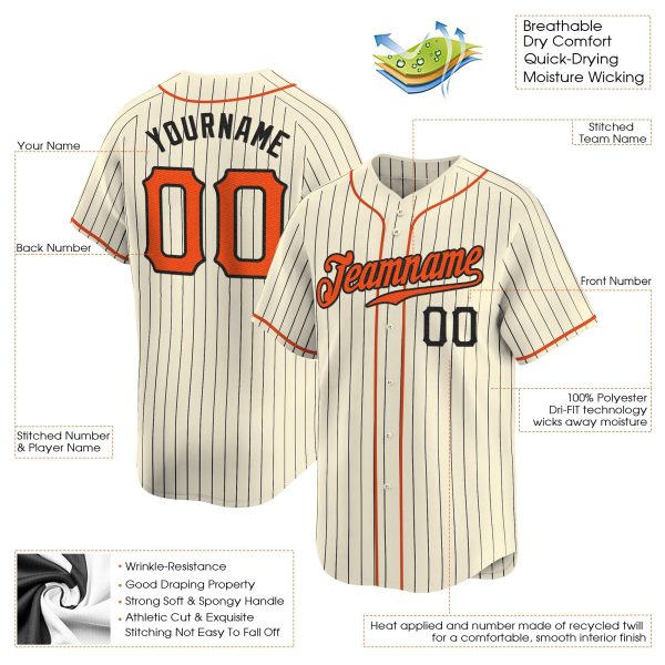 Cream Black Pinstripe Orange - Black Personalized Baseball Jersey - Image 3