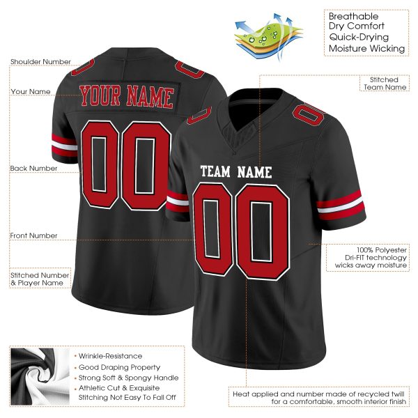 Black Red-White Authentic Personalized Football Jersey - Image 2