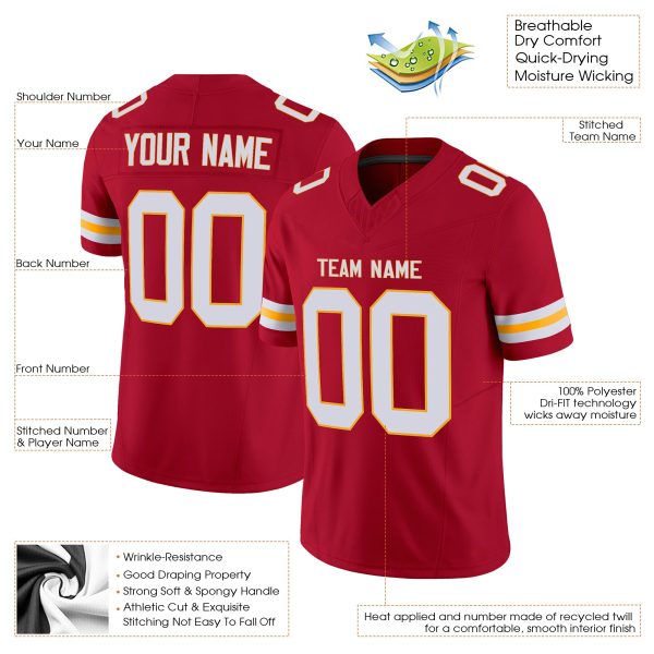 Red White-Gold Authentic Personalized Football Jersey - Image 2