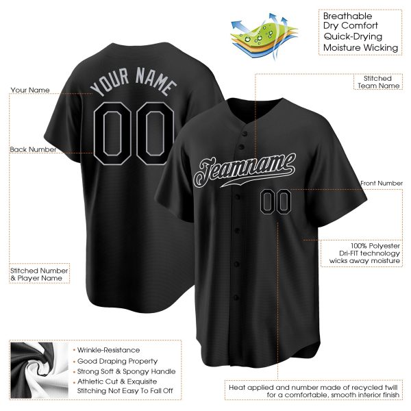 Black Black-Gray Authentic Personalized Baseball Jersey - Image 2