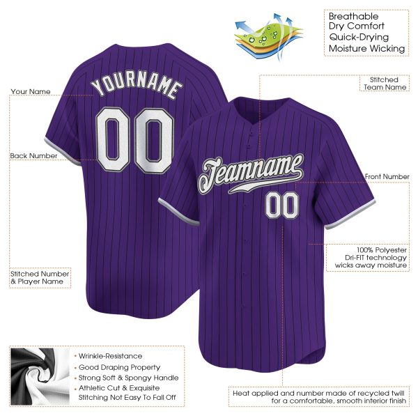 Purple Pinstripe White - Black Personalized Baseball Jersey - Image 3