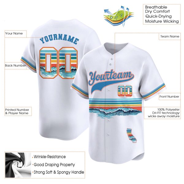 3D White California Wave Pattern Personalized Baseball Jersey - Image 3