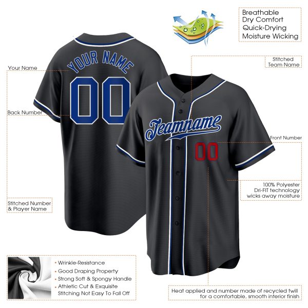Black Royal-Red Authentic Personalized Baseball Jersey - Image 2