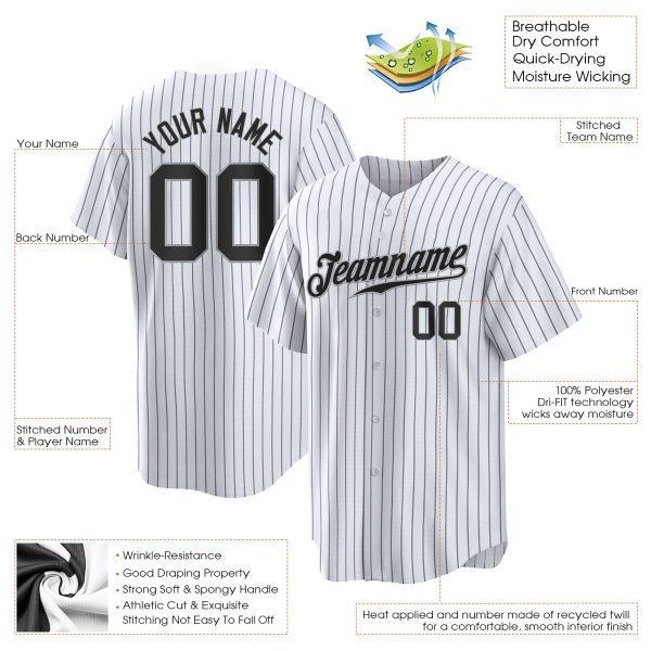 White Black Pinstripe Black-Gray Authentic Personalized Baseball Jersey - Image 2