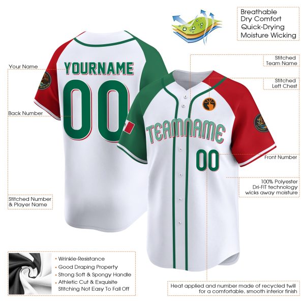 White Alternate Red Green Mexico Personalized Baseball Jersey - Image 3