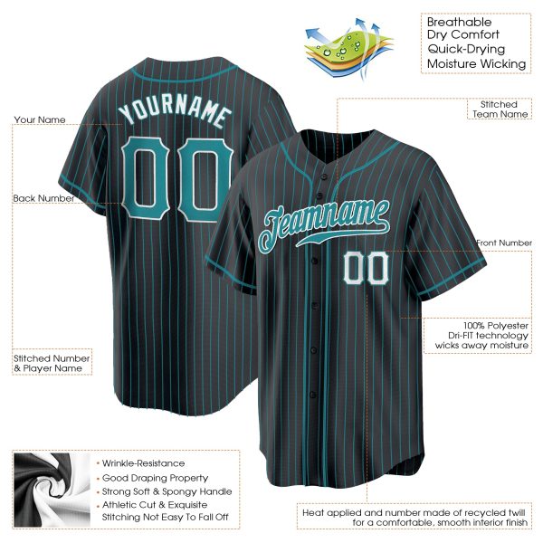 Black Aqua Pinstripe Teal-White Authentic Personalized Baseball Jersey - Image 3