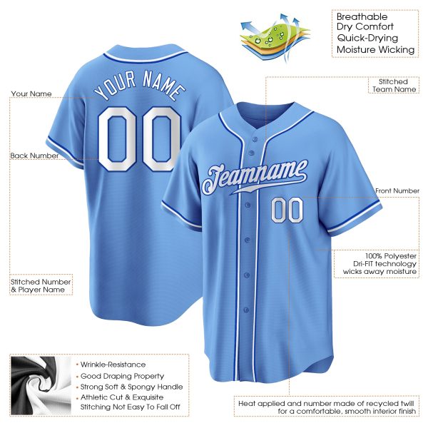 Light Blue White-Royal Authentic Personalized Baseball Jersey - Image 2