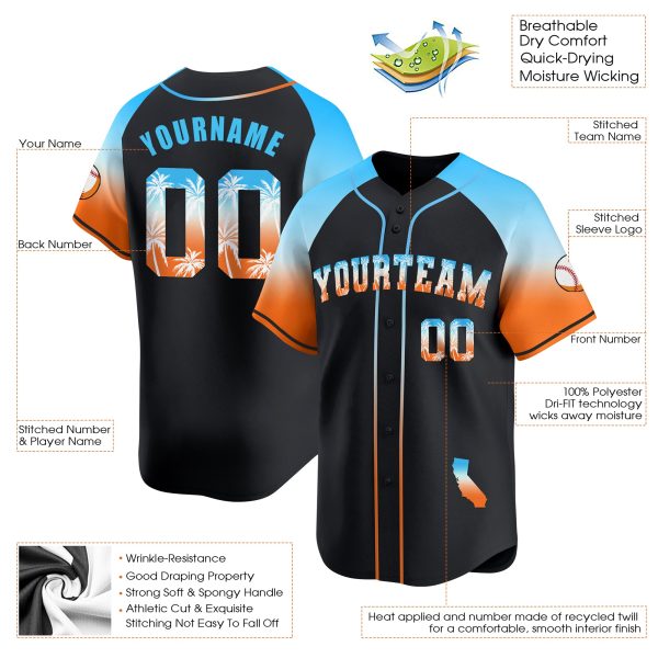 Black Alternate Blue California Beach Personalized Baseball Jersey - Image 3