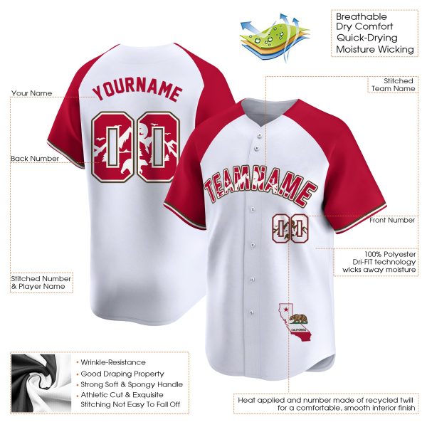 White Alternate Red California Map Personalized Baseball Jersey - Image 3