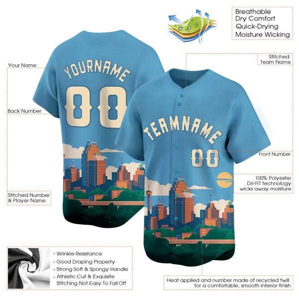 Light Blue White 3D San Antonio City Texas Pattern Personalized Baseball Jersey - Image 3