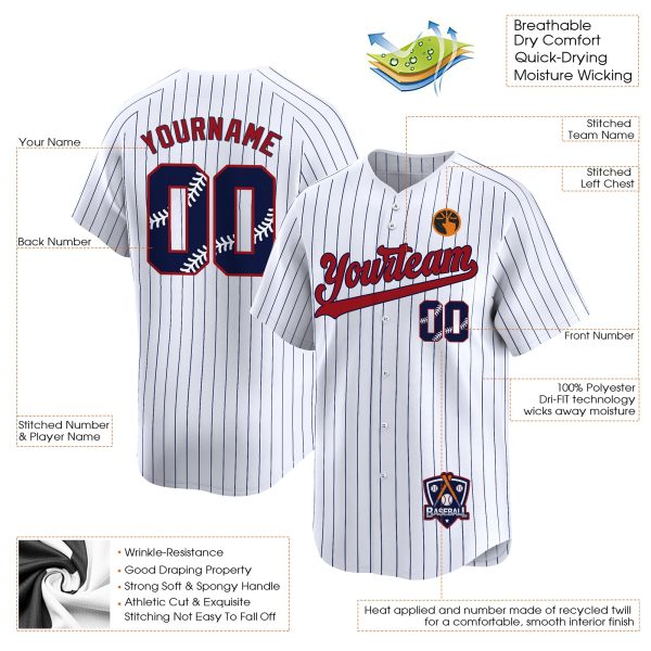 White Pinstripe Red Navy Personalized Baseball Jersey - Image 4