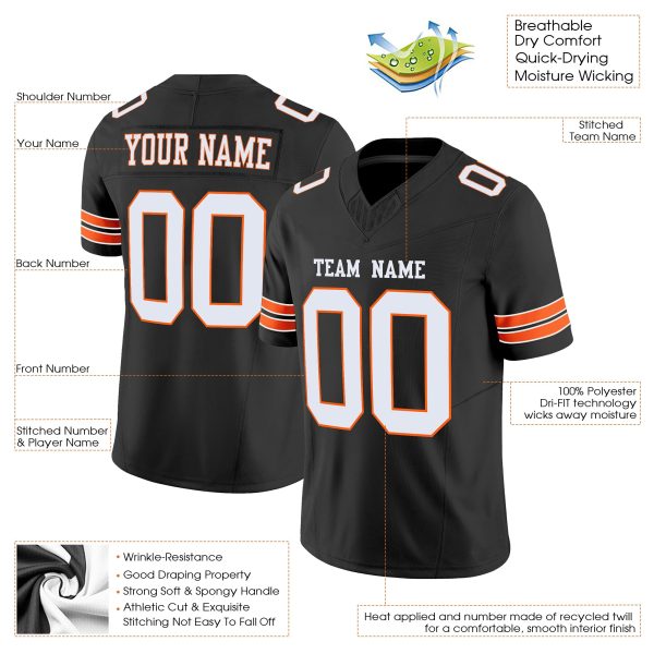 Black White-Orange Authentic Personalized Football Jersey - Image 2