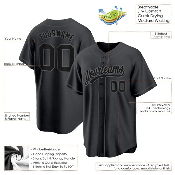 Black Black-Steel Gray Authentic Personalized Baseball Jersey - Image 3
