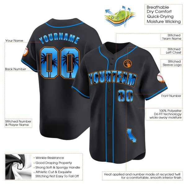 Black Blue California Beach Personalized Baseball Jersey - Image 3