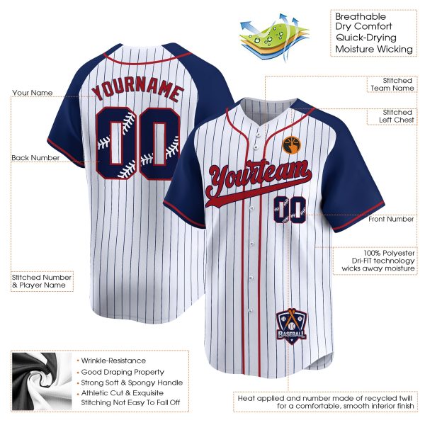 White Alternate Pinstripe Navy Red Personalized Baseball Jersey - Image 4