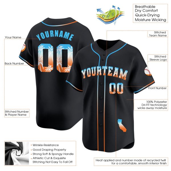 Black Blue California Beach Personalized Baseball Jersey - Image 3
