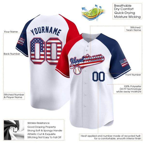 White Alternate Red-Royal America Flag Personalized Baseball Jersey - Image 3