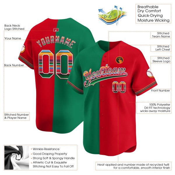 Green White Mexico Serape Pattern Personalized Baseball Jersey - Image 3