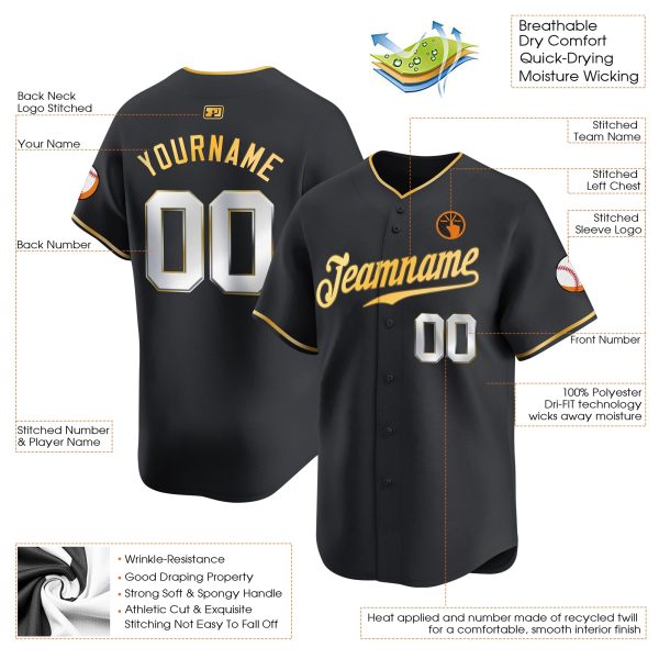 Black Gold - Silver Baseball Custom Base Jersey - Image 3