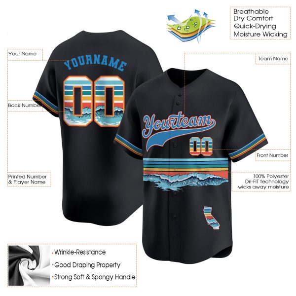3D Black California Wave Pattern Personalized Baseball Jersey - Image 3