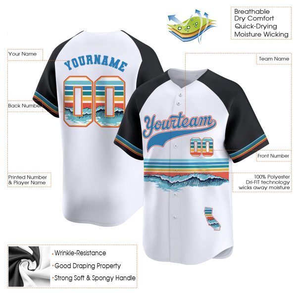 3D White Alternate California Wave Pattern Personalized Baseball Jersey - Image 3