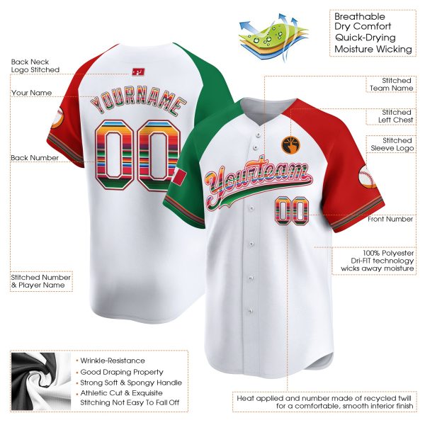 White Alternate Mexico Flag Serape Pattern Personalized Baseball Jersey - Image 3
