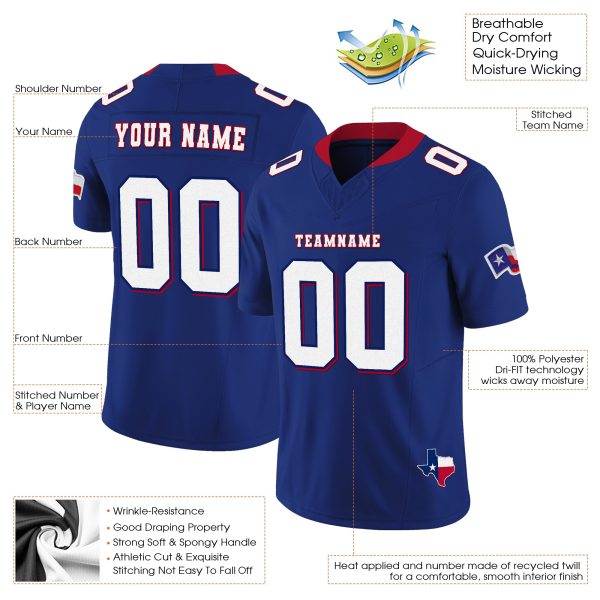 Royal White - Red Texas Flag Personalized Football Jersey - Image 3