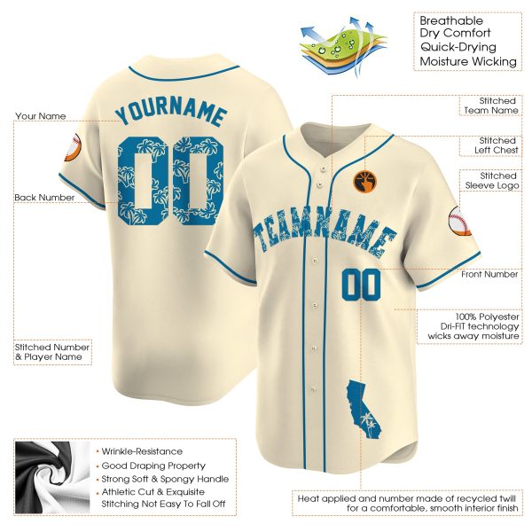 Cream Blue Palm Trees California Map Personalized Baseball Jersey - Image 3
