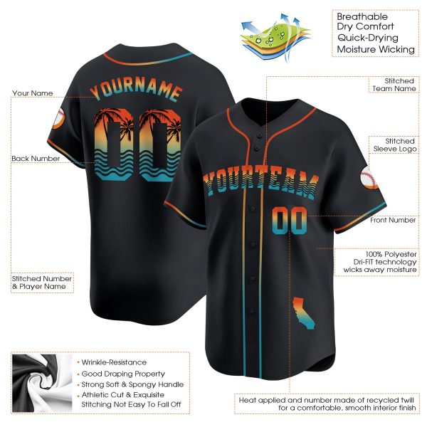 Black California Beach Pattern Personalized Baseball Jersey - Image 3
