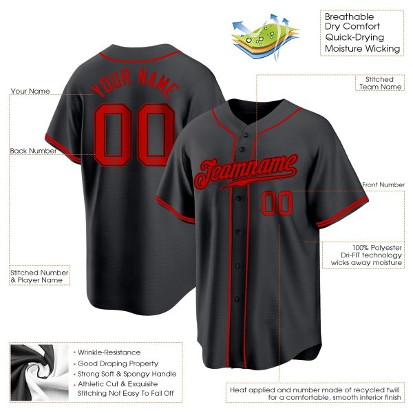 Black Red Authentic Personalized Baseball Jersey - Image 2