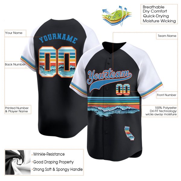 3D Black Alternate California Wave Pattern Personalized Baseball Jersey - Image 3