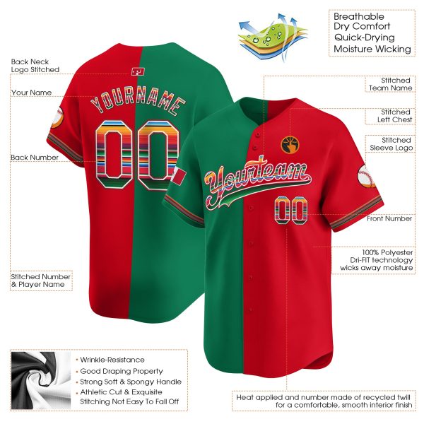 Green Red Mexico Flag Serape Pattern Personalized Baseball Jersey - Image 3