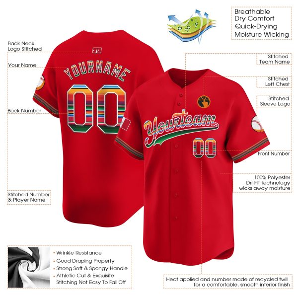 Red Mexico Flag Serape Pattern Personalized Baseball Jersey - Image 3