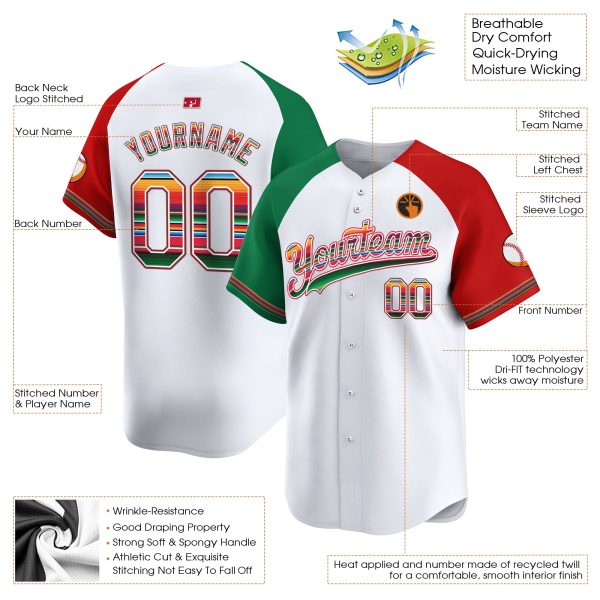 White Alternate Mexico Serape Pattern Personalized Baseball Jersey - Image 3