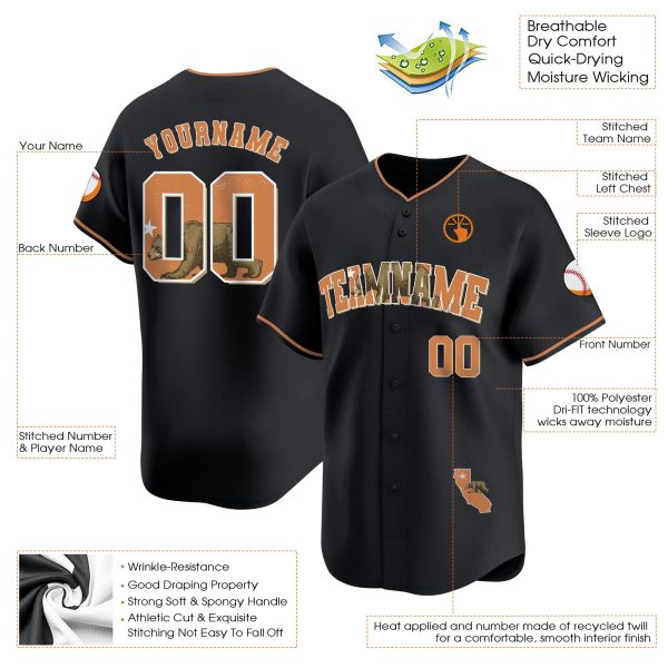 Black Orange California Map Personalized Baseball Jersey - Image 3