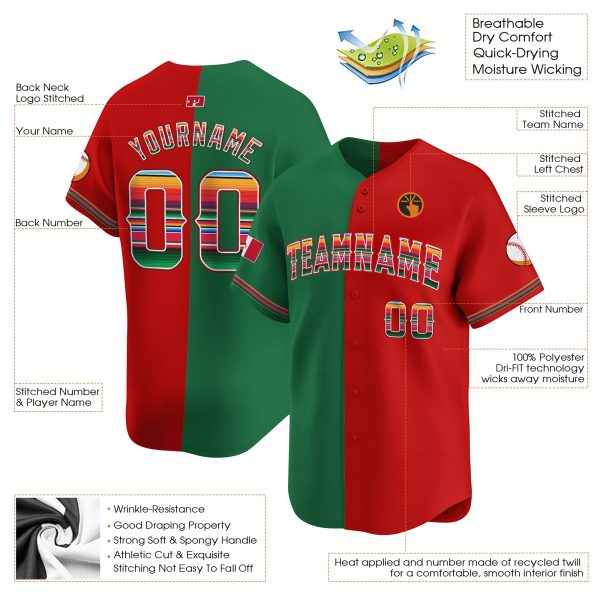 Green Red Split Mexico Flag Personalized Baseball Jersey - Image 3