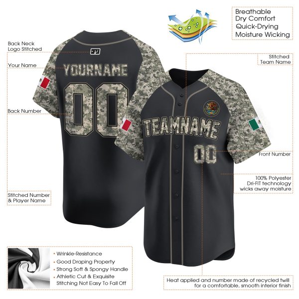 Alternate Black Camo - Black Mexico Personalized Baseball Jersey - Image 3
