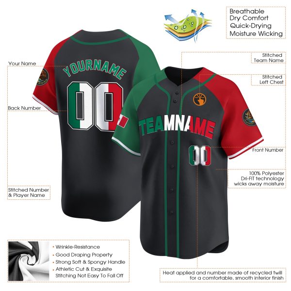Black Alternate Red-Green Mexico Personalized Baseball Jersey - Image 3