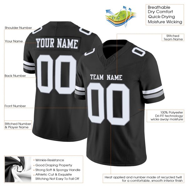 Black White-Silver Authentic Personalized Football Jersey - Image 2