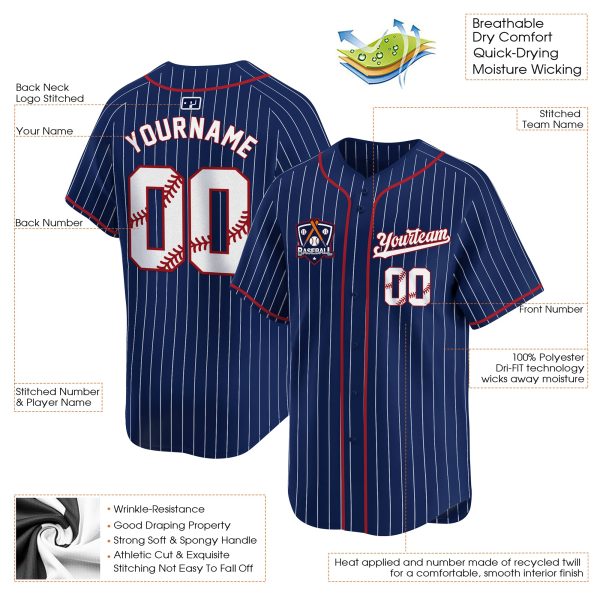 Royal White Pinstripe White Personalized Baseball Jersey - Image 3