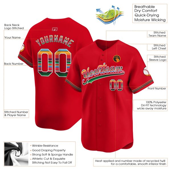 Red Mexico Serape Pattern Personalized Baseball Jersey - Image 3