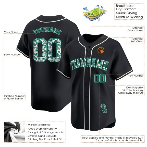 Black Green Tropical Floral Pattern Personalized Baseball Jersey - Image 3