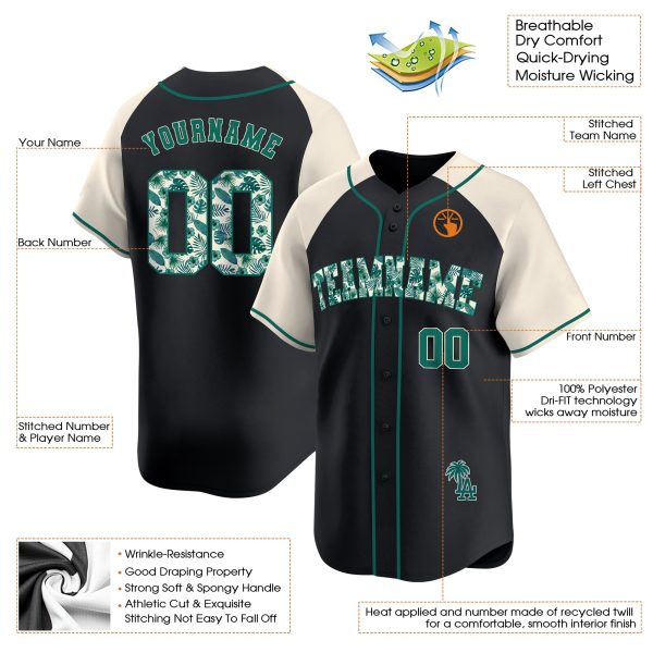 Black Alternate Green Tropical Floral Pattern Personalized Baseball Jersey - Image 3