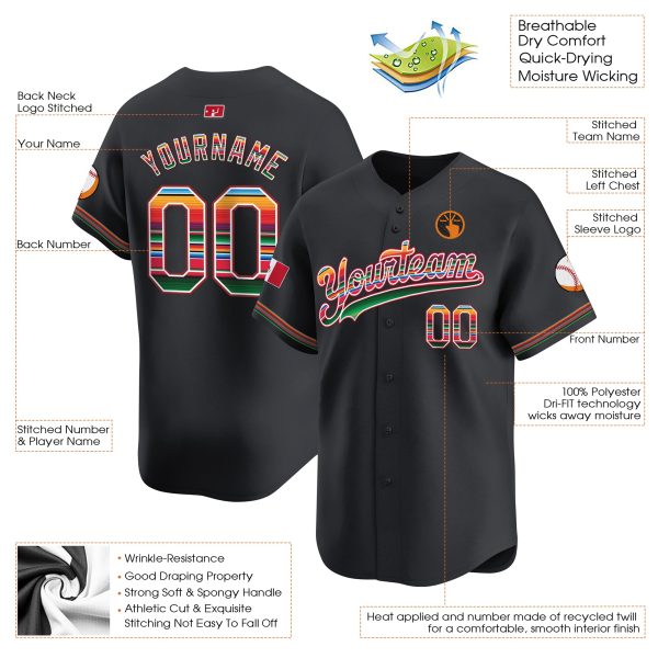 Black Mexico Flag Serape Pattern Personalized Baseball Jersey - Image 3
