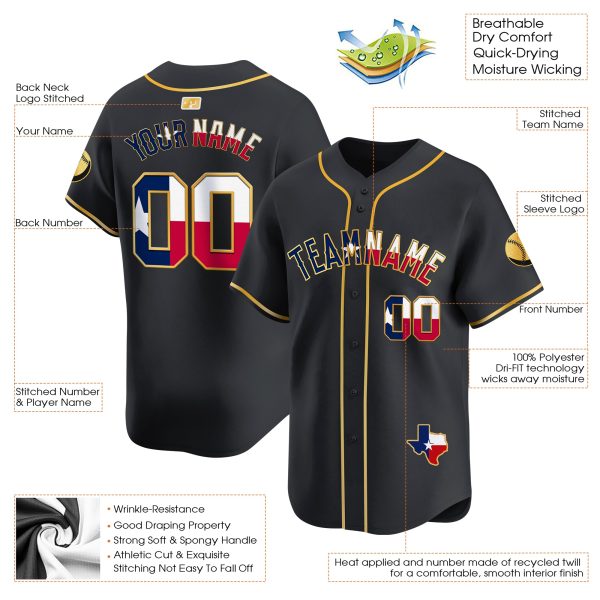 Black Gold Texas Flag Personalized Baseball Jersey - Image 3
