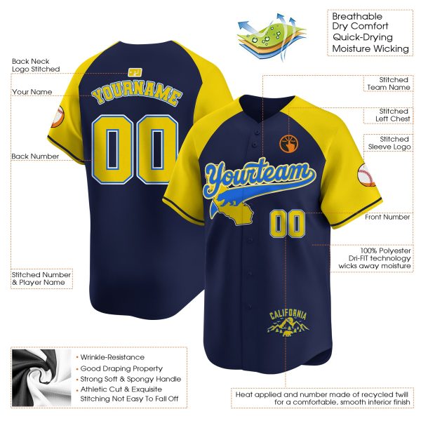 Navy Alternate Yellow California Mountain Personalized Baseball Jersey - Image 3