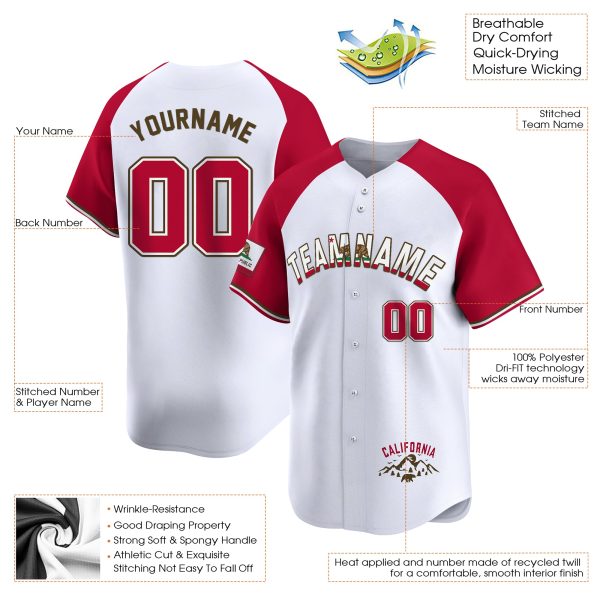 Red Alternate Brown California Flag Personalized Baseball Jersey - Image 3